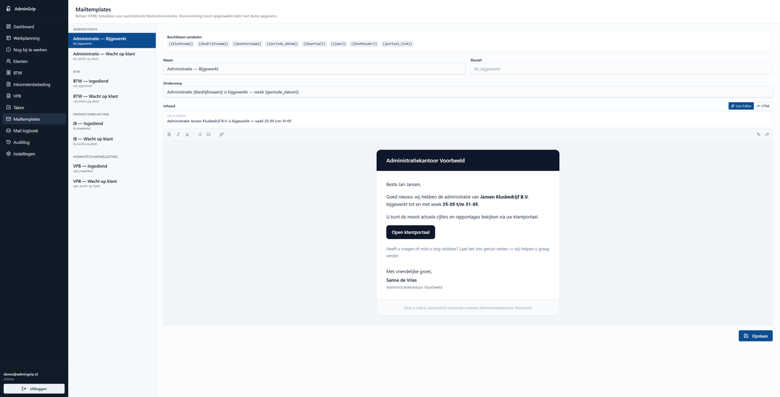 Mailtemplates editor met live voorbeeld