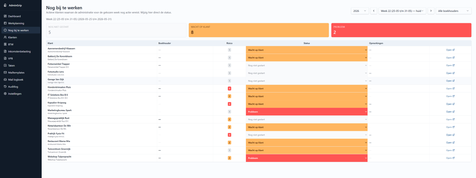 Lijst met openstaande administraties van de week